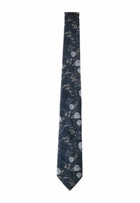 Cravate florale marine avec des fleurs et des feuilles blanches et beige sur un tissu texturé. Design slim avec une pointe effilée et une finition lisse.
