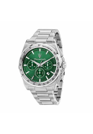 Orologio da polso in metallo argentato con quadrante verde, tre quadranti secondari, finestra della data, lunetta tachimetrica e logo Maserati alle 12 in punto.