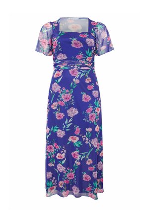 Vestido midi morado con estampado floral rosa, escote cuadrado, cintura fruncida y mangas cortas transparentes con vuelo.