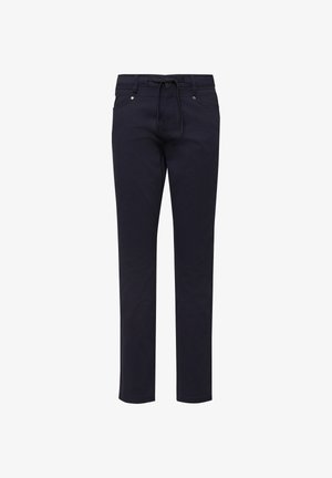 Dunkelblaue, schmal geschnittene Herrenhose mit vorderen und hinteren Taschen, Gürtelschlaufen und einem vorderen Zugbandverschluss.