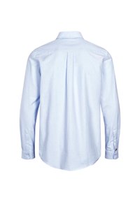 Jasnoniebieska koszula na guziki z długimi rękawami, plisą z tyłu i detalami na mankietach. Tkanina wydaje się gładka i lekka.