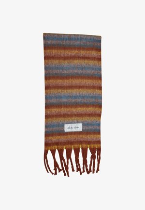 Uldhalstørklæde med vandrette striber i brun, blå og gul, med frynser i bunden og et syet mærke på den ene side.