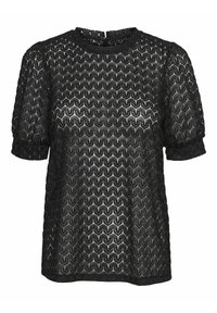 Top negro de manga corta hecho de tela de encaje texturizada con un patrón de zigzag. Cuello redondo con cierre de cremallera en la espalda.