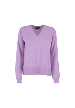 Maglione lavanda a scollo a V con maniche lunghe, polsini e orlo a coste, presenta un logo ricamato discreto sul petto. Materiale in maglia morbida e leggera.