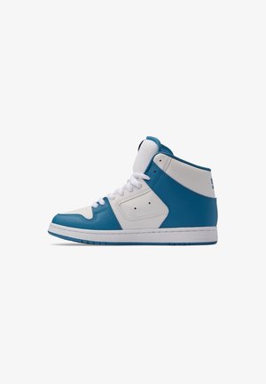High-top sneaker with a white and teal color scheme, leather material, smooth texture, and a padded collar. Features perforated details.
