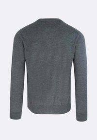 Maglione grigio lavorato a maglia con maniche lunghe, scollo rotondo, orlo e polsini a coste. Il tessuto appare morbido con una texture liscia.