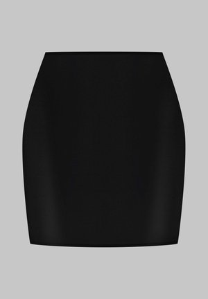 Jupe crayon noire taille haute avec un ourlet droit, présentée sur un fond gris uni.