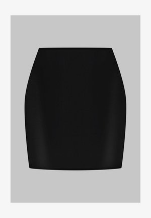 Jupe crayon noire taille haute avec un ourlet droit, présentée sur un fond gris uni.