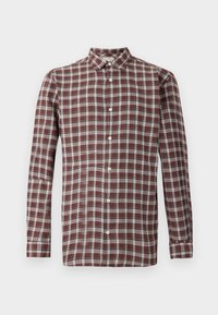 Long-sleeve button-up shirt in burgundy and white plaid pattern, cotton fabric, standard collar, six buttons down the front.