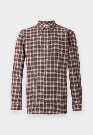 Chemise à manches longues à carreaux bourgogne et blanc, en tissu coton, col classique, six boutons sur le devant.