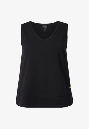 Zwart mouwloos topje met V-hals en laagjes, met klein gouden embleem vlak bij de zoom, gemaakt van gladde stof.