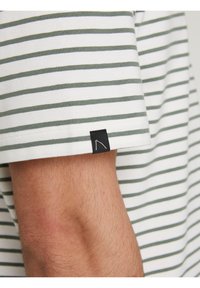 Camicia a maniche corte a righe in bianco e verde, realizzata in tessuto morbido. Presenta un'etichetta nera con un logo bianco sull'orlo della manica.