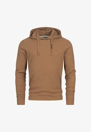Brown ribbed hoodie with long sleeves, adjustable drawstring, and a small logo detail. Features a textured fabric and a white hem.