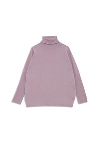Jasnofioletowy sweter z golfem, długim rękawem, prążkowanym kołnierzem i dołem. Miękka tekstura, luźny krój i opadające ramiona.