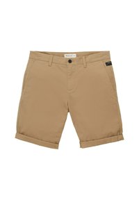 Short beige en tissu lisse, avec fermeture à bouton, deux poches avant et revers retournés pour un style décontracté.