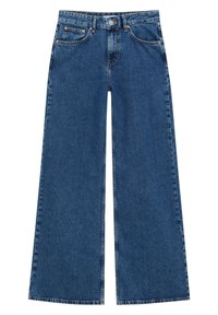 Jean en denim bleu à taille haute, coupe évasée, fermeture à boutons, design à cinq poches et détails de couture visibles. La texture est lisse et robuste.