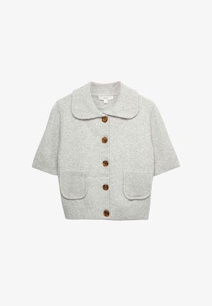 Jasnoszary kardigan z krótkim rękawem, szerokim kołnierzem, pięcioma brązowymi guzikami i dwoma przednimi kieszeniami. Wykonany z miękkiego, teksturowanego materiału.