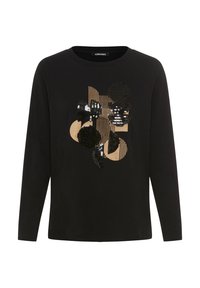 Schwarzes Langarmshirt mit einem geometrischen Design aus goldenen und schwarzen Pailletten, horizontalen Streifen und einem klassischen Rundhalsausschnitt.