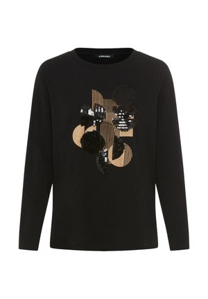 Chemise noire à manches longues arborant un motif géométrique avec des sequins dorés et noirs, des rayures horizontales et un col rond classique.