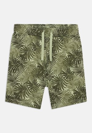 Short vert avec imprimé de feuilles de palmier vert foncé et cordon vert clair à la taille élastique, posé à plat sur fond blanc.