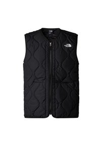 Black quilted vest featuring a front zipper and high collar. The North Face logo is displayed on the upper left side. Soft texture.