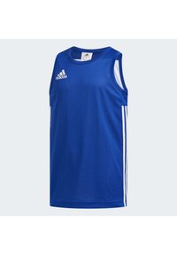 Jersey atlético sin mangas de color azul, hecho de tela de malla, con franjas laterales blancas y el logo de Adidas en la parte superior izquierda.