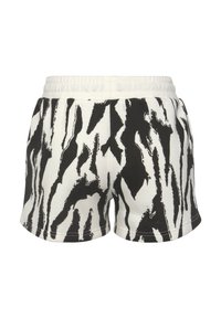 Black and white shorts with a bold abstract stripe pattern, featuring an elastic waistband and a soft, textured fabric.