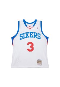 Weißes Basketballtrikot mit roten und blauen Akzenten, trägt "SIXERS" in blauen Buchstaben und die Nummer "3" in rot. Aus Mesh-Material und ärmellosem Design.
