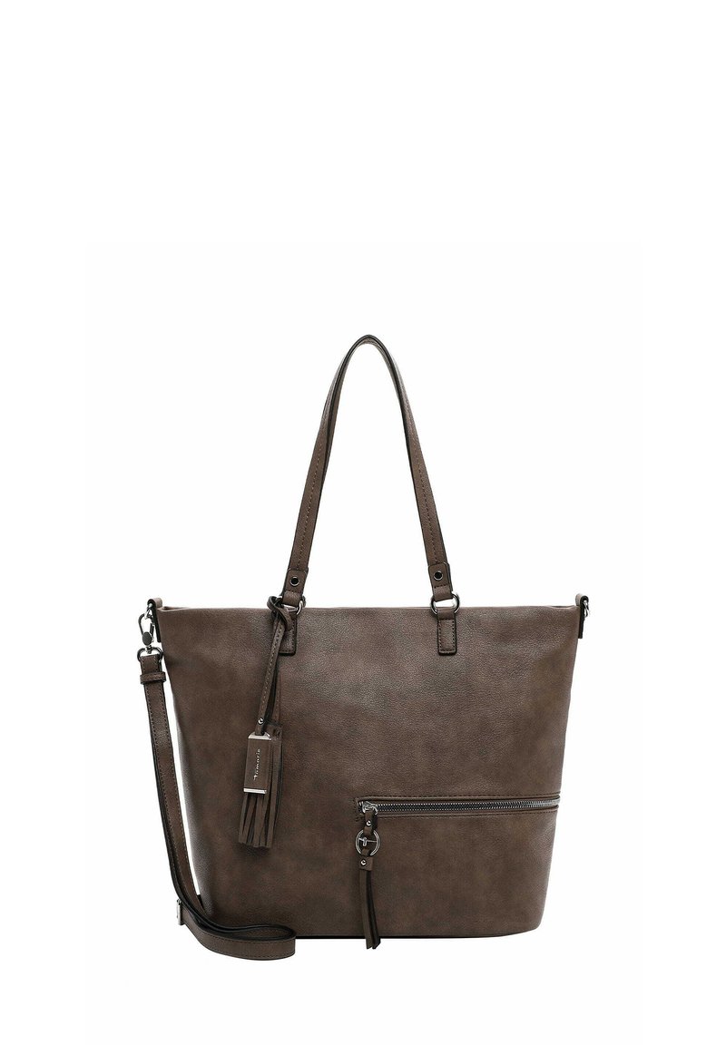 Sac fourre-tout en simili cuir marron avec deux poignées, poche avant zippée et bandoulière détachable. Texture lisse avec un design élégant.