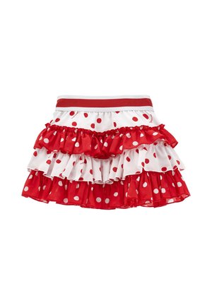Gonna a balze a righe rosse e bianche con una fascia rossa in vita. Tessuto leggero, design a strati, texture vivace.