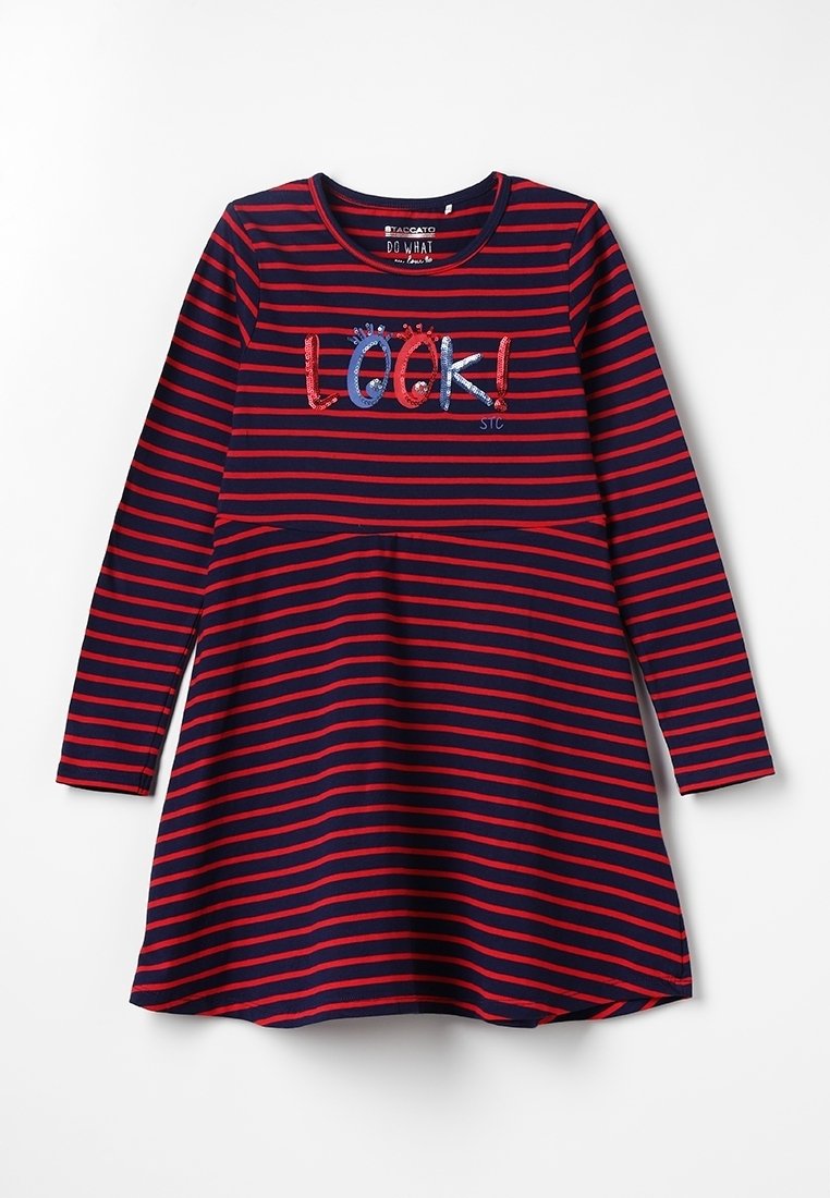 Robe à manches longues rayée bleu marine et rouge avec "LOCK!" orné de sequins sur la poitrine.