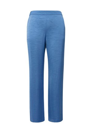 Pantaloni a gamba larga di colore blu chiaro realizzati in un morbido tessuto testurizzato, con una cintura liscia e senza motivi o decorazioni visibili.