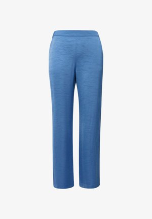 Pantaloni a gamba larga di colore blu chiaro realizzati in un morbido tessuto testurizzato, con una cintura liscia e senza motivi o decorazioni visibili.