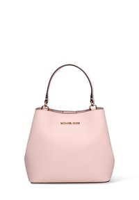 Roze gestructureerde draagtas met een gouden logo, met een stevige vorm en dubbele handvatten. De tas heeft een gladde, glanzende rand langs de bovenkant.