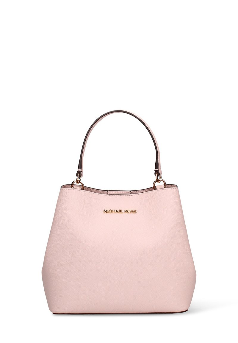 Roze gestructureerde draagtas met een gouden logo, met een stevige vorm en dubbele handvatten. De tas heeft een gladde, glanzende rand langs de bovenkant.