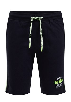 Marineblå bomuldsshorts med elastisk talje, med limegrøn snor og sidelommer. "Surfing High Waves" grafik på benet.