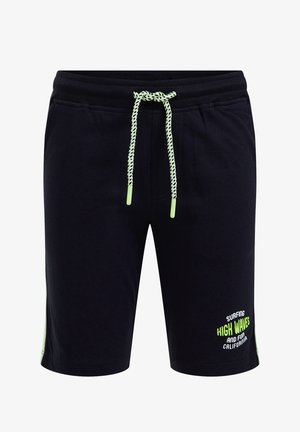 Granatowe bawełniane szorty z elastycznym pasem, z jasnozielonym sznurkiem i bocznymi akcentami. Grafika "Surfing na wysokich falach" na nogawce.