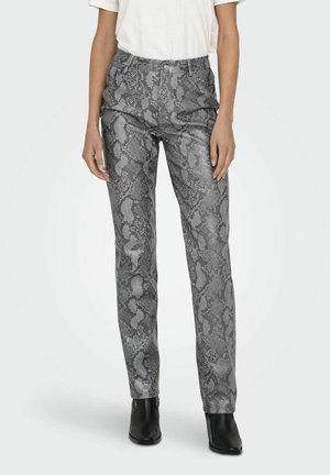 Pantalones de serpiente en gris con un ajuste slim, cintura de altura media y textura suave. Cuentan con cierre de botón y bolsillos laterales.