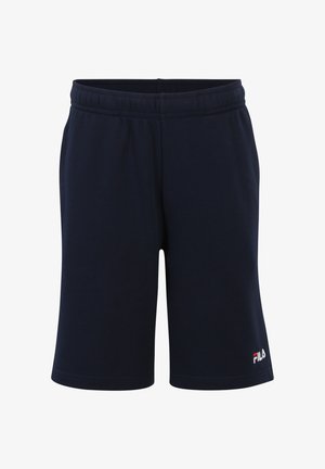 Marineblauwe sportshorts met elastische tailleband en een klein FILA-logo geborduurd nabij de onderzoom op het rechterbeen.