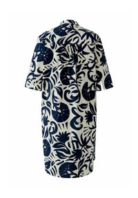 Weißes kurzärmliges Kleid mit schwarzen abstrakten Blumen- und Blattmustern, mit lockerem Sitz und Rückenpasse mit Raffdetail.