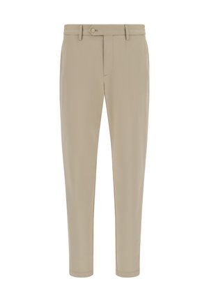 Beige bukser med lige skæring, der har knaplukning, bæltestropper og glat, letvægtsstof. Ingen synlige lommer.