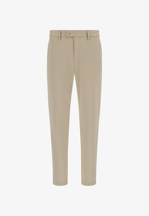 Pantalon beige à coupe droite, avec fermeture à bouton, passants de ceinture et tissu lisse et léger. Pas de poches visibles.