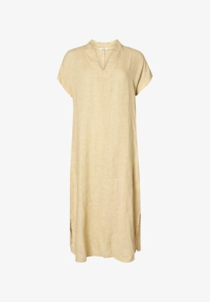 Vászon ruha, világos bézs szín, V nyakú kialakítás, rövid ujjú, laza fazon, oldalsó hasítékok a szabad mozgás érdekében, struktúrált anyag.