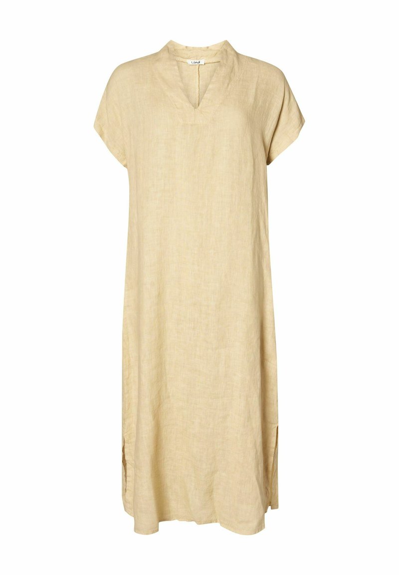 Linnedress, ljusbeige färg, V-halsdesign, korta ärmar, lös passform, sidoklipp för lättare rörelse, textilmaterial med struktur.