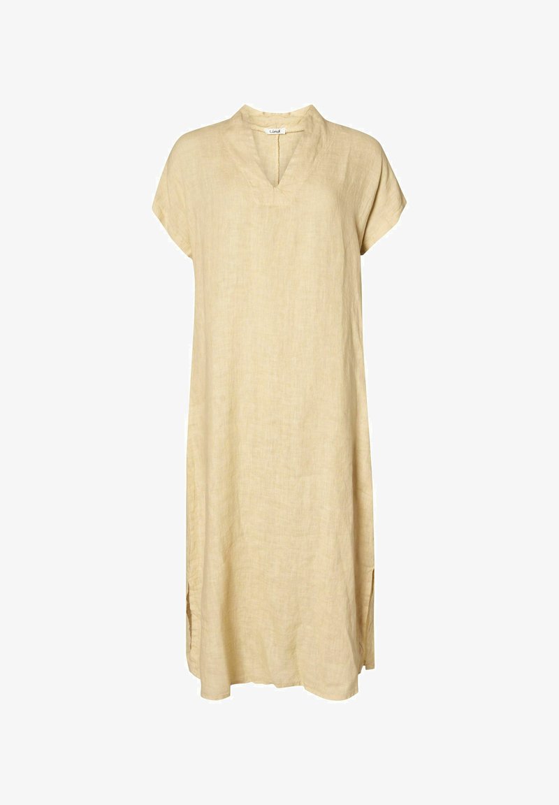 Linnedress, ljusbeige färg, V-halsdesign, korta ärmar, lös passform, sidoklipp för lättare rörelse, textilmaterial med struktur.