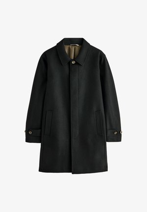 Schwarzer Wollmantel mit klassischem Kragen, durchgehender Knopfverschluss, zwei Seitentaschen und geknöpften Manschetten. Glatte Textur mit neutralem Futter.