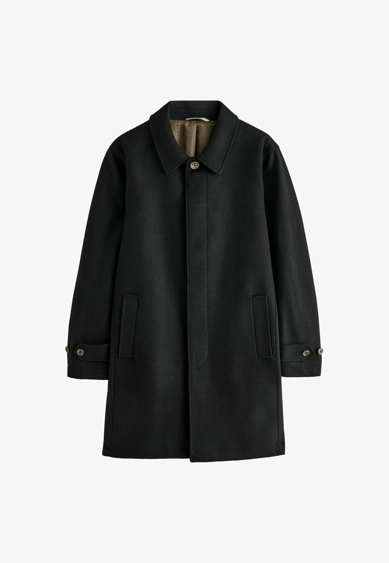 Schwarzer Wollmantel mit klassischem Kragen, durchgehender Knopfverschluss, zwei Seitentaschen und geknöpften Manschetten. Glatte Textur mit neutralem Futter.