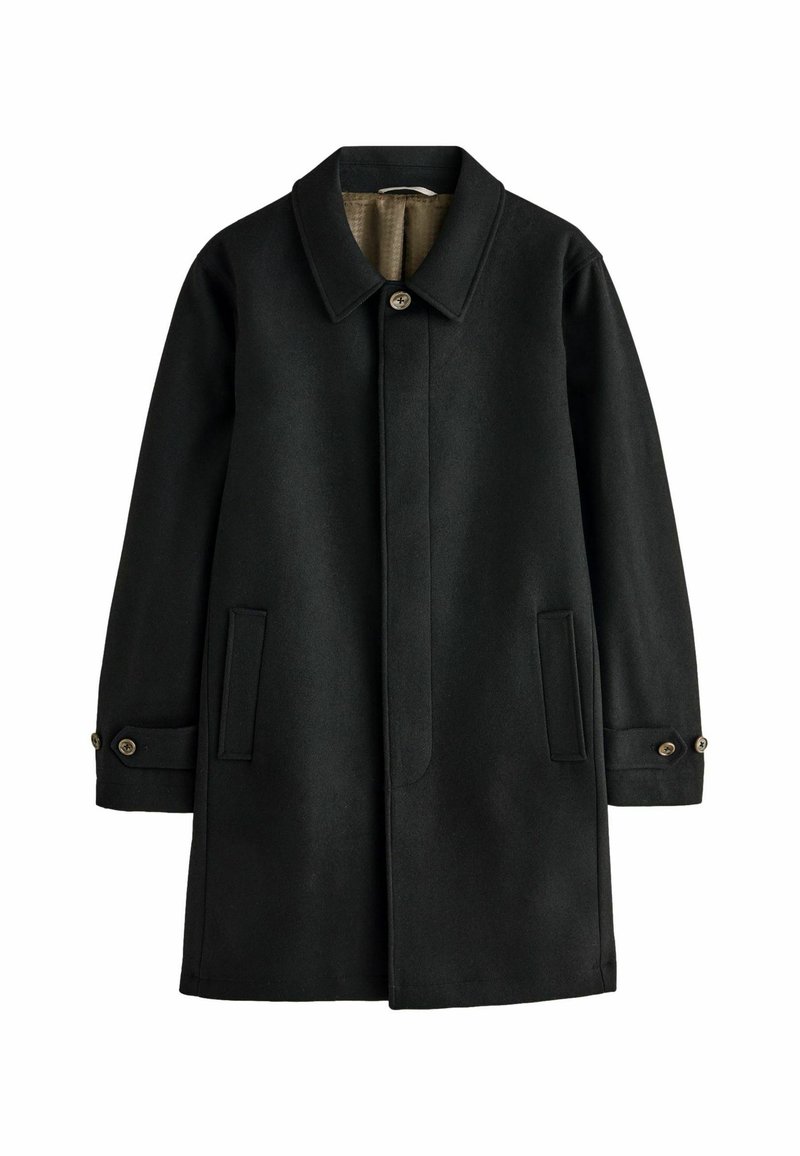 Schwarzer Wollmantel mit klassischem Kragen, durchgehender Knopfverschluss, zwei Seitentaschen und geknöpften Manschetten. Glatte Textur mit neutralem Futter.
