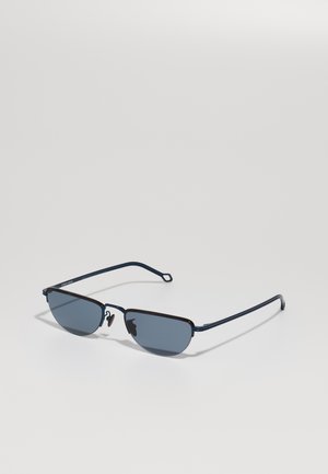Marineblaue Sonnenbrille mit rechteckigen Gläsern, dünnen Metallrahmen und matter Oberfläche. Verfügt über ein verstellbares Nasenpolster und gebogene Bügel.