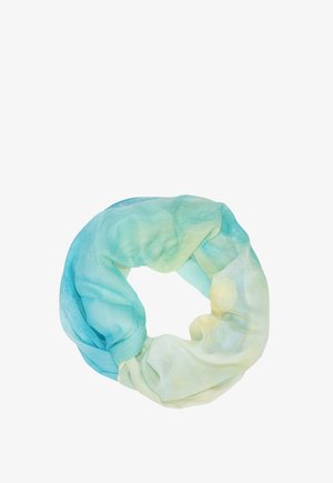 Leichter Stoffschal, zu einer Schlaufe gedreht, mit Farbverläufen von Blau zu hellem Gelb.
